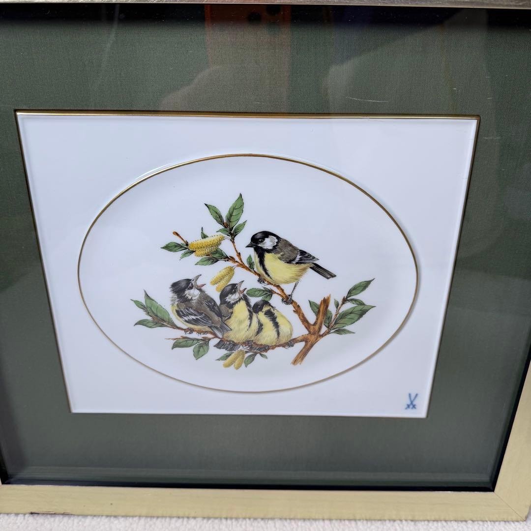 Meissen マイセン 陶板画 小鳥　陶板 画 小鳥 額 付き鳥 花 絵