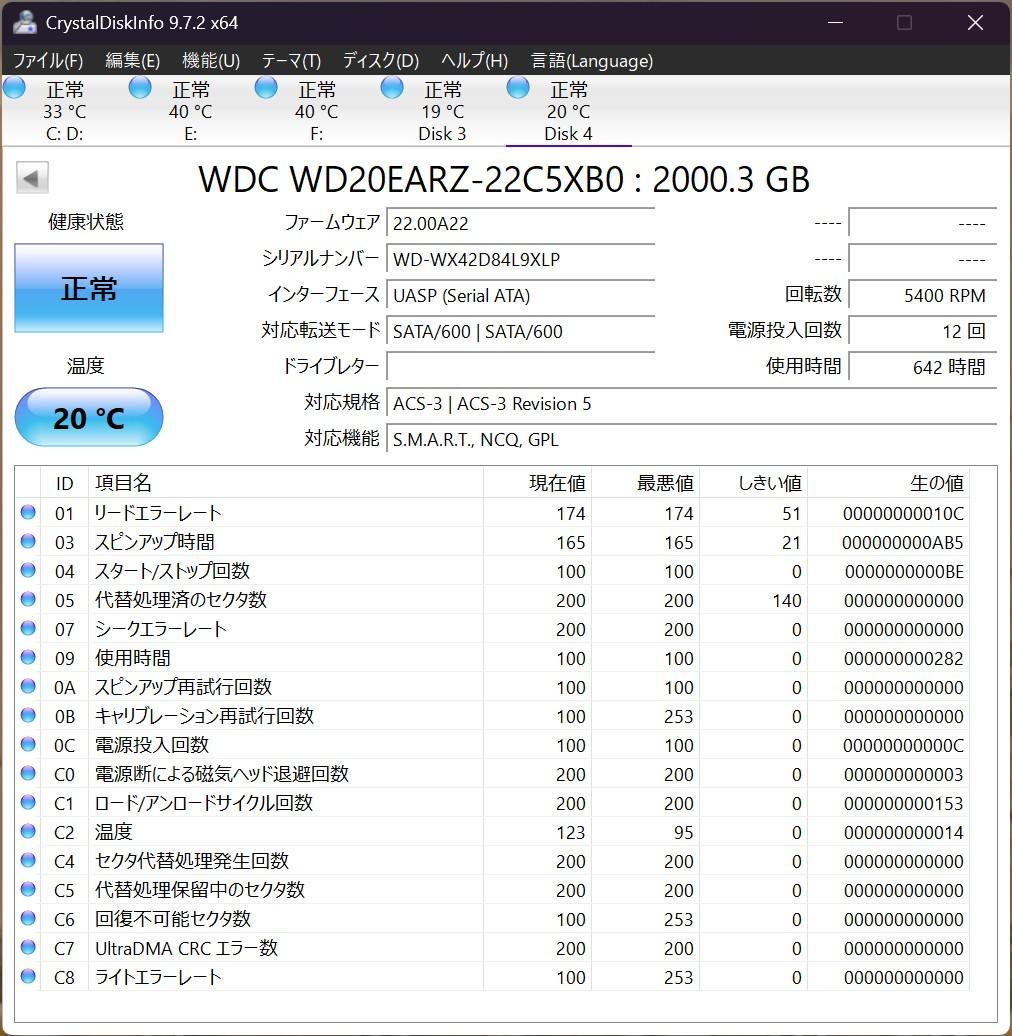 新近 WD20EARZ 2TB HDD 2024年製造 使用時間642時間
