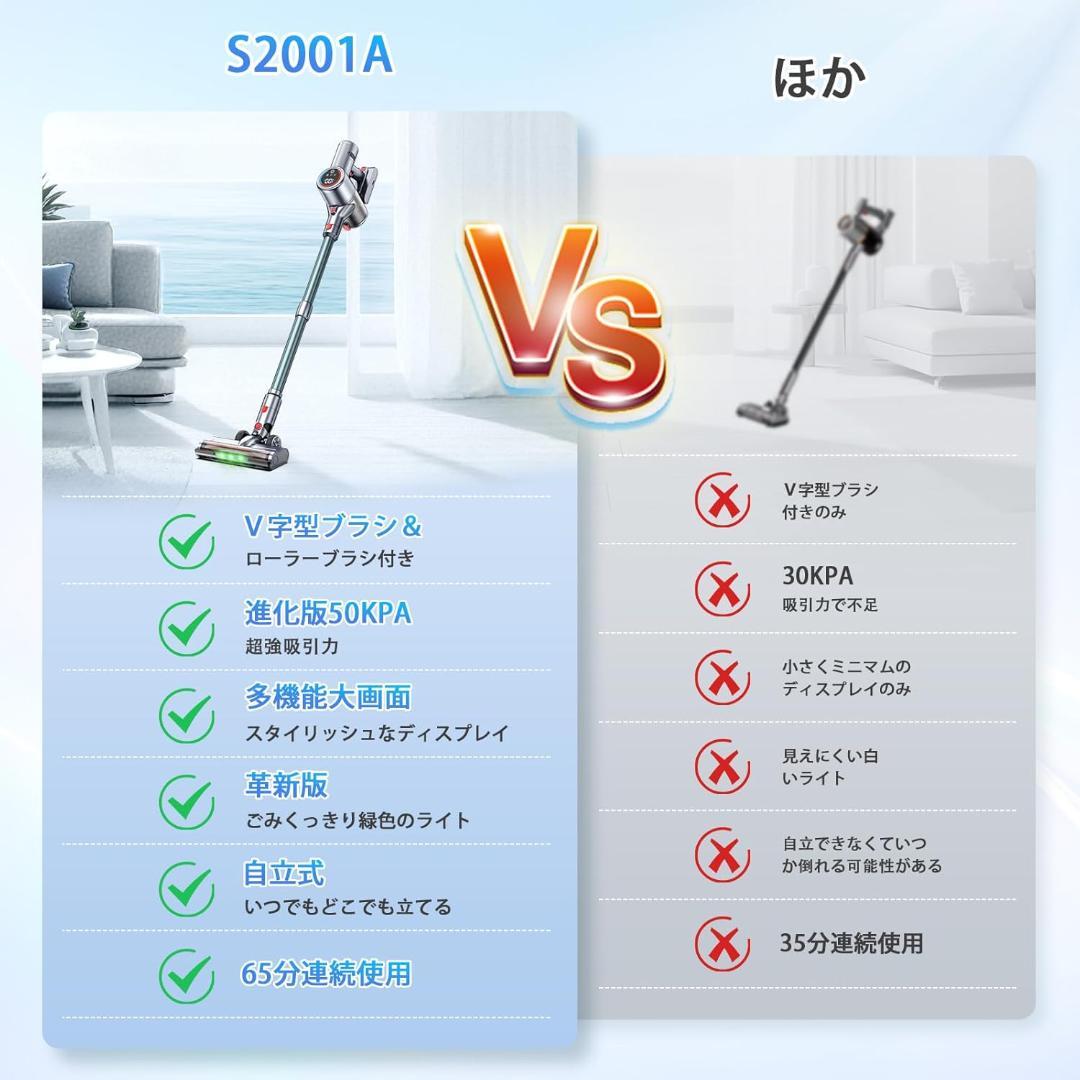 掃除機 コードレス【業界初グリーンLEDライト付＆50Kpa強力吸引＆自立式】