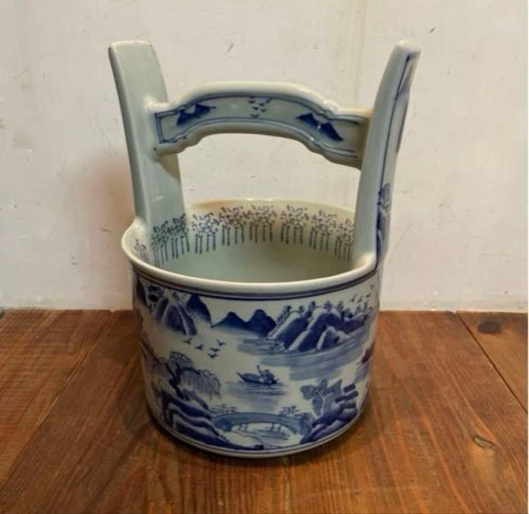 美品　陶器　時代物　染付　山水画　文手桶　花入　当時物　古道具
