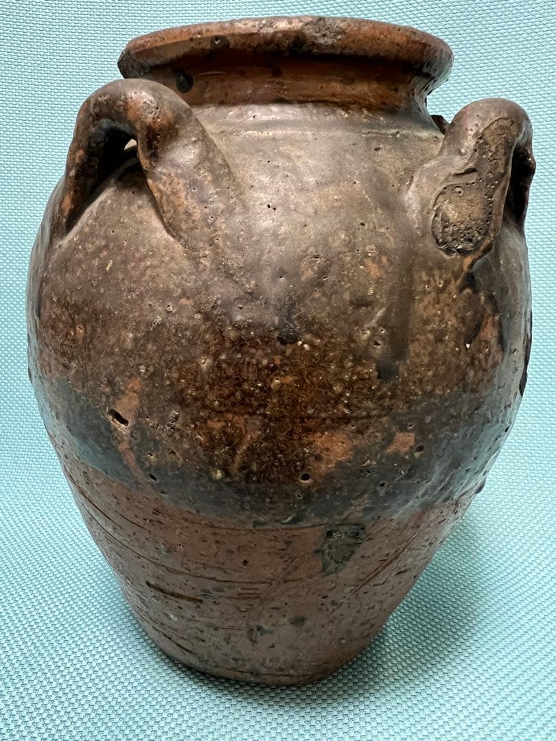 中国明朝（青釉 四耳壺）陶器 骨董品 時代物 高さ24cm解体整理品現状品のみ