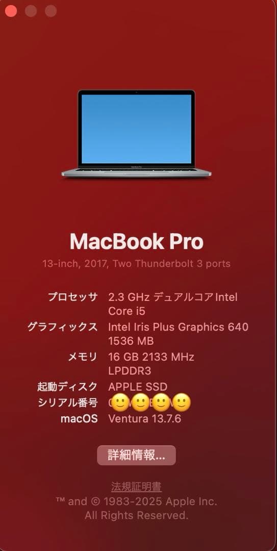 MacBook Pro 13インチ 2017 SSD256GBメモリ16GB