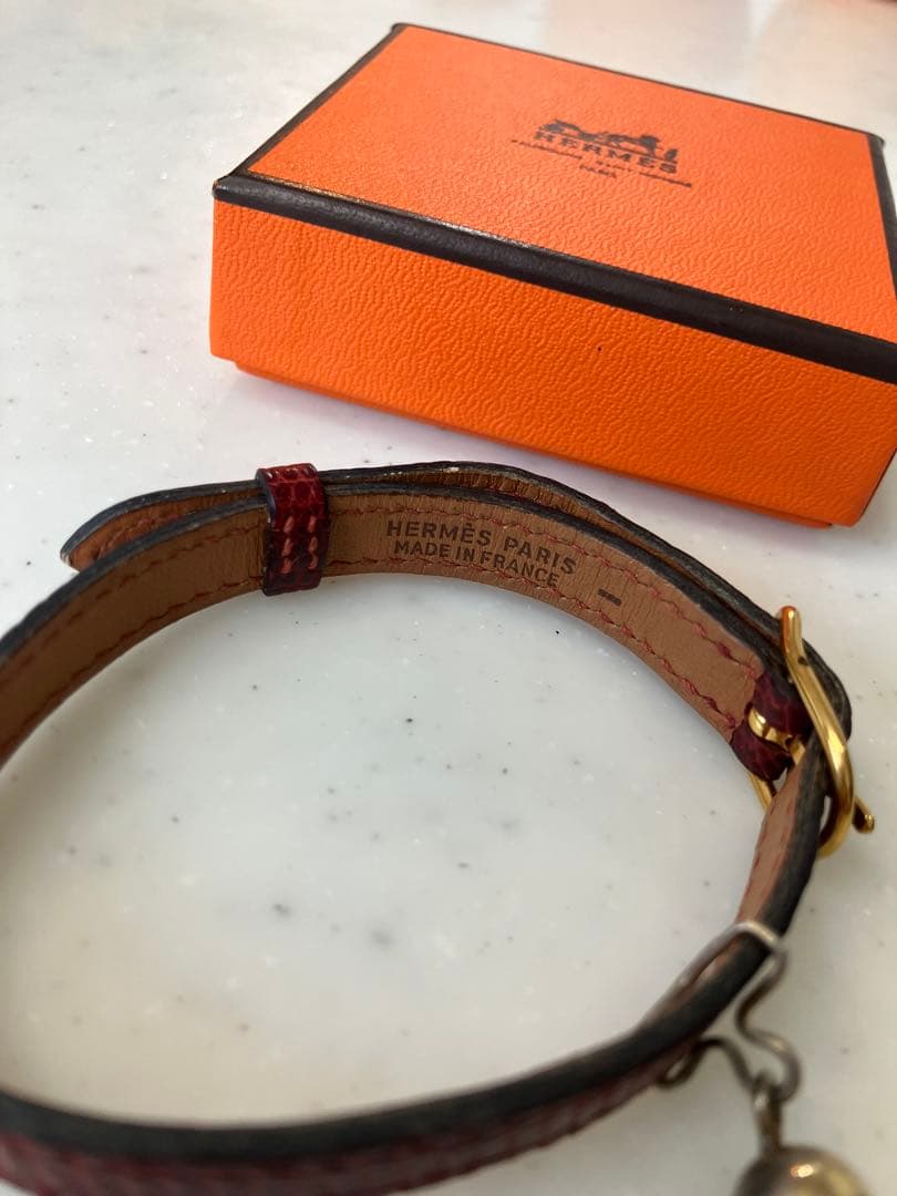 エルメス HERMES 猫用首輪 鈴付き レザー リザード レッド