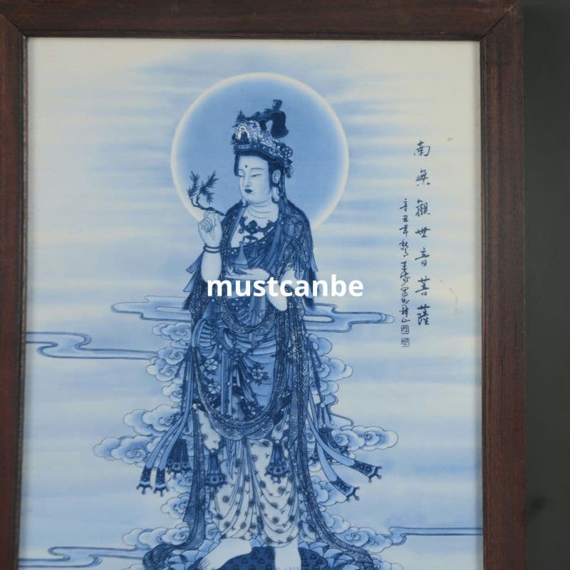 景徳鎮 青花観世音菩薩 陶板画 応接間 茶室 仏堂 掛画 装飾品 工芸品 置物