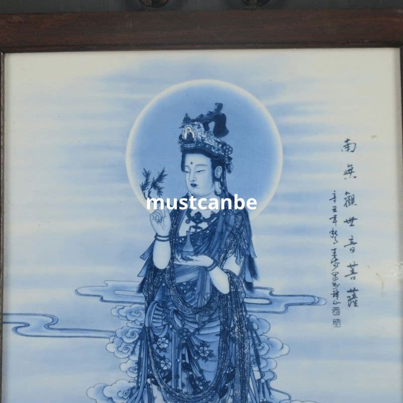 景徳鎮 青花観世音菩薩 陶板画 応接間 茶室 仏堂 掛画 装飾品 工芸品 置物