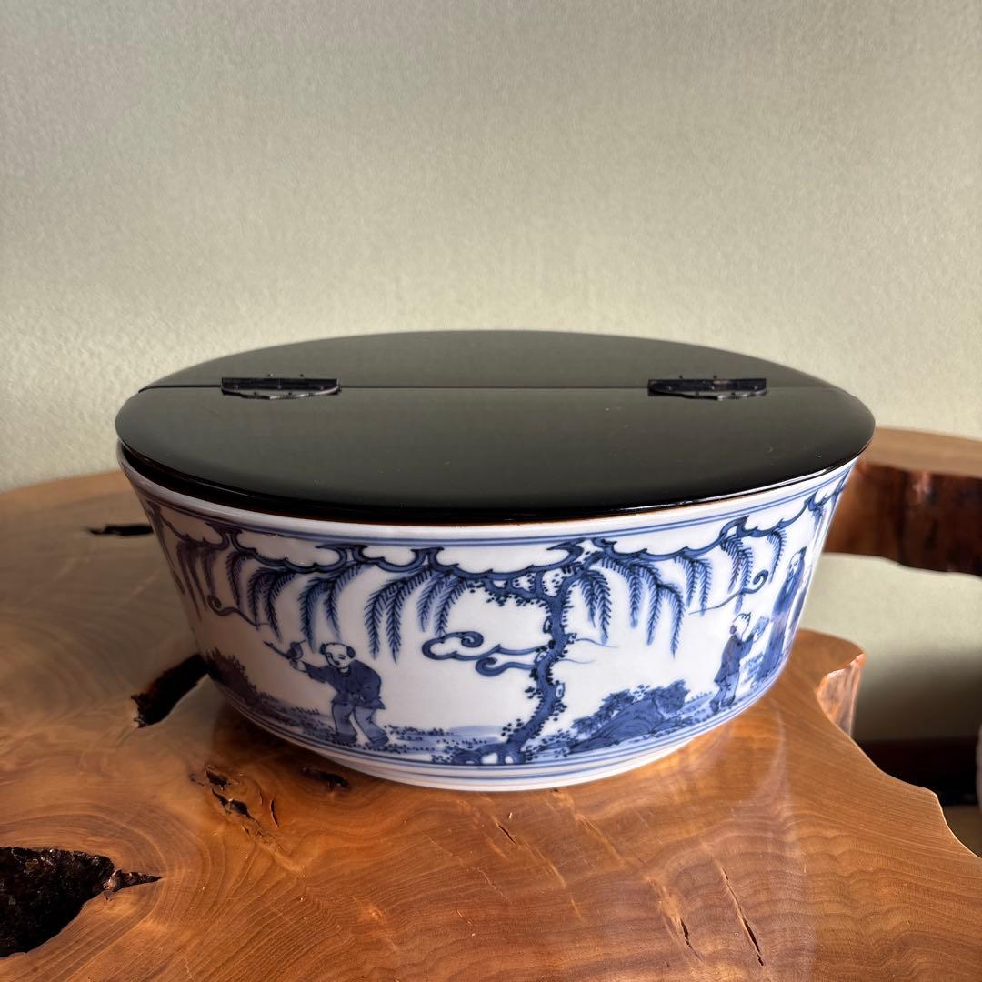 染付唐子画 平水指 平安秀峰造 茶道具 共箱
