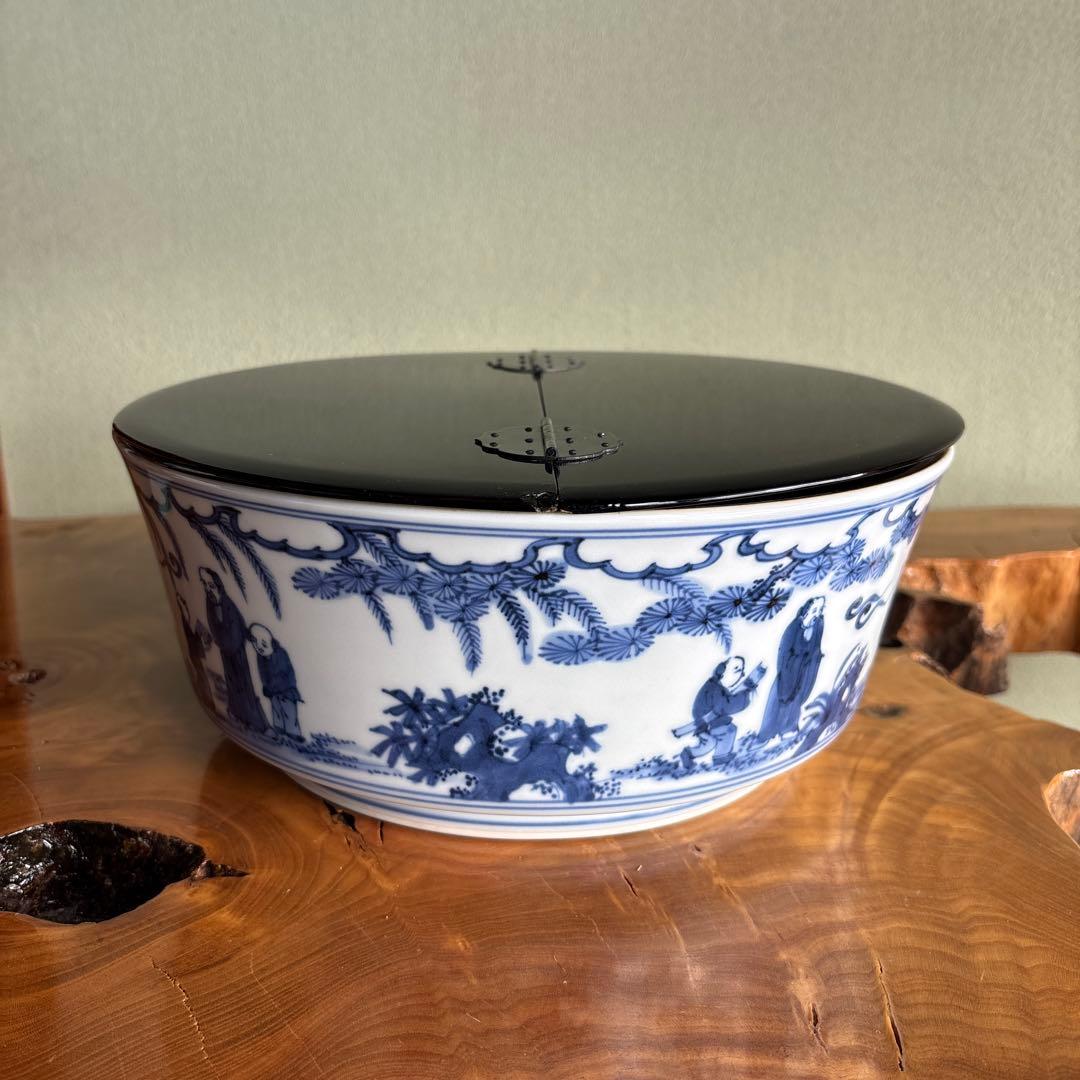 染付唐子画 平水指 平安秀峰造 茶道具 共箱