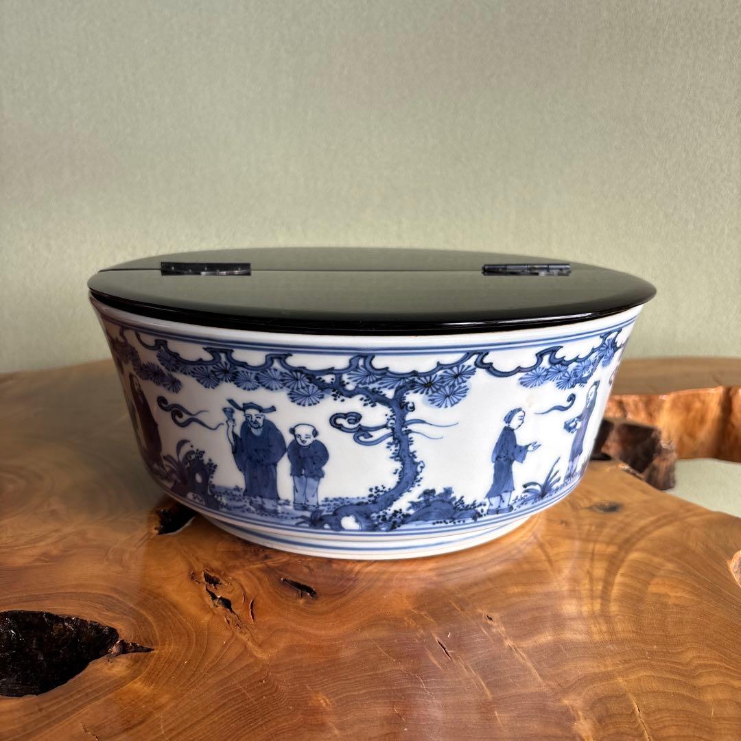 染付唐子画 平水指 平安秀峰造 茶道具 共箱