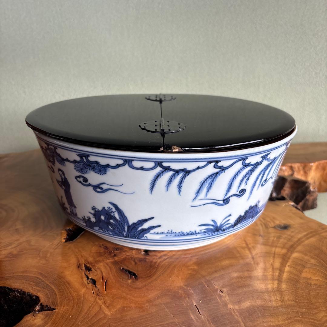染付唐子画 平水指 平安秀峰造 茶道具 共箱