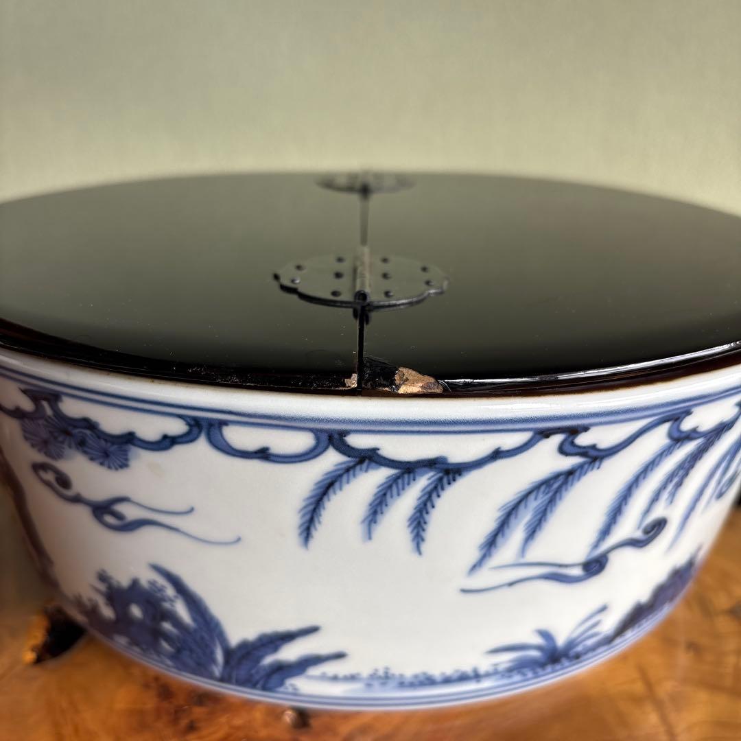 染付唐子画 平水指 平安秀峰造 茶道具 共箱
