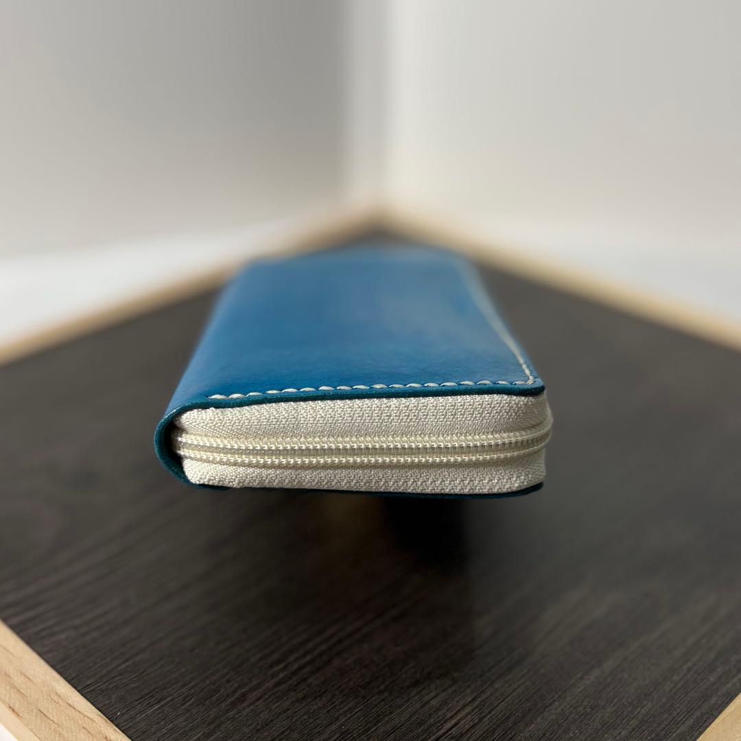 本革 ラウンドファスナー長財布 ラウンドジップ長財布 ハンドメイド ブルー 青