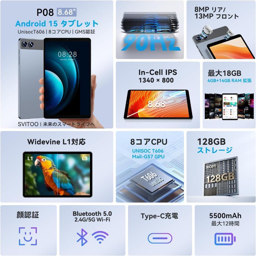 タブレット8.7インチ Android 15 18GB+128GB+1TB