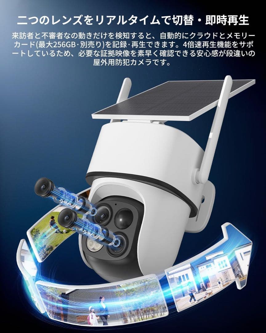 防犯カメラ ソーラー 屋外 360°追尾 WiFi デュアルレンズ