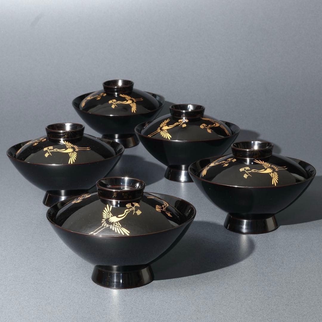 輪島塗　松喰鶴吸物椀５客　共箱　蒔絵　R1729