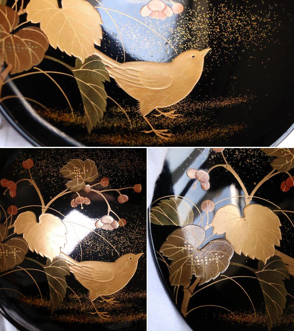 【MB278】天然木漆塗 加賀蒔絵 四季花鳥 絵変金蒔絵 黒塗厚物椀 二十客