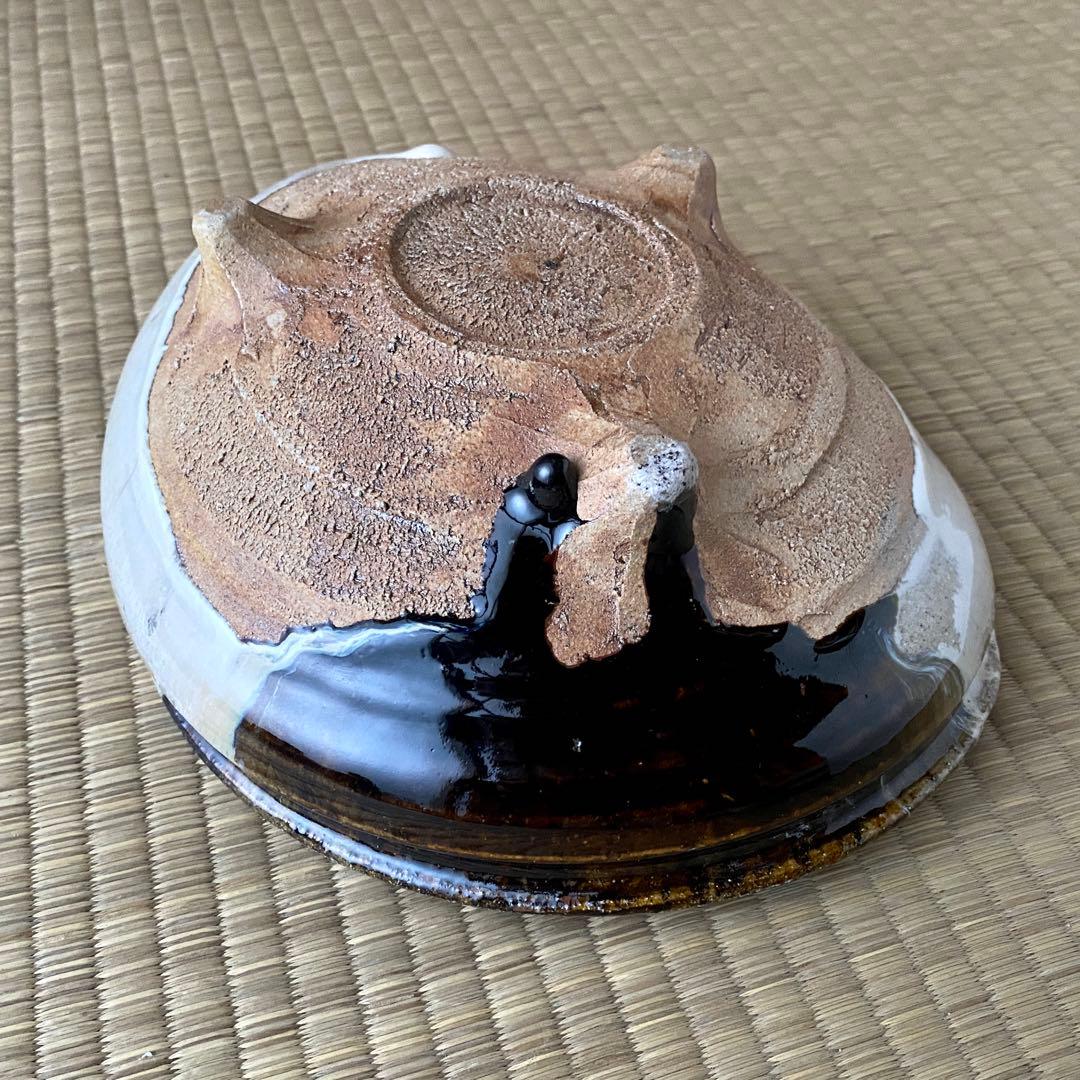 美品 未使用 唐津焼 岡本作礼造 【朝鮮唐津】 鮑型 脚付鉢 大鉢 共箱
