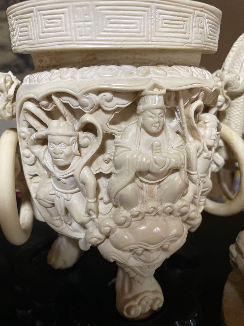 中国美術樹脂製大型細密細工『福禄寿』香炉 龍飾り耳 オブジェ香炉木製台付重3kg