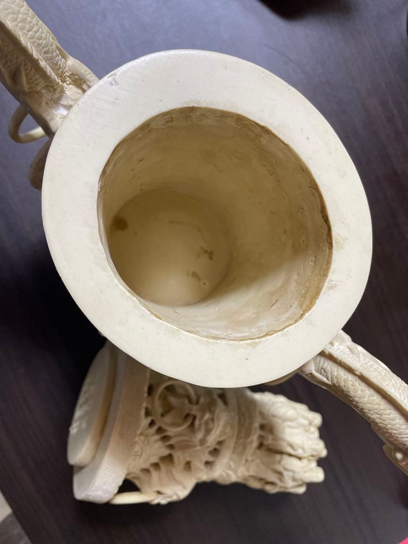 中国美術樹脂製大型細密細工『福禄寿』香炉 龍飾り耳 オブジェ香炉木製台付重3kg