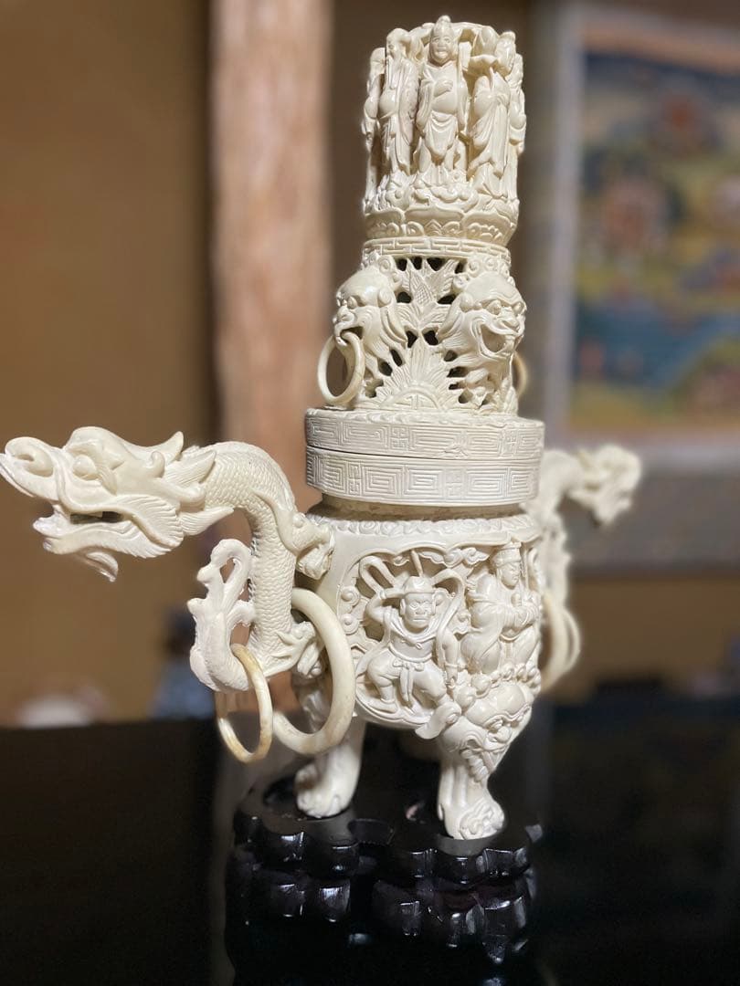中国美術樹脂製大型細密細工『福禄寿』香炉 龍飾り耳 オブジェ香炉木製台付重3kg