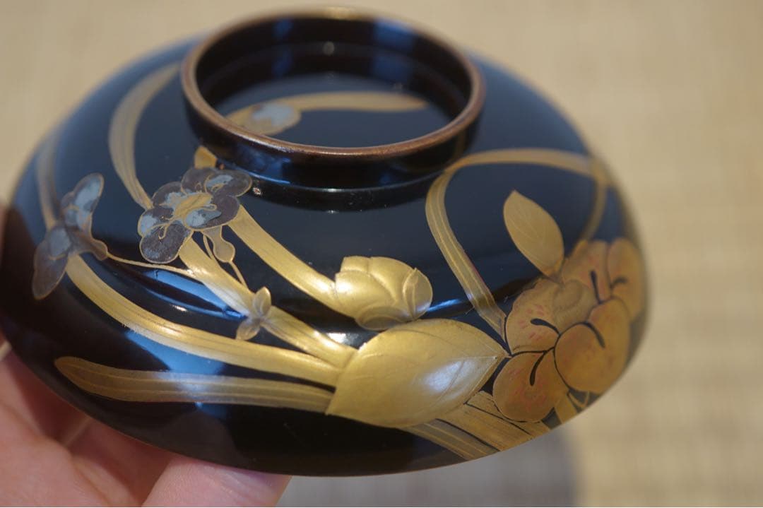 朱内黒漆 杜若図金銀蒔絵 吸物椀 2客/ 輪島塗 木製漆器 茶懐石