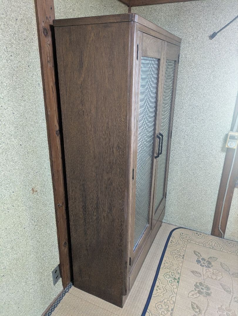 書庫　ワッフルガラス　鍵付き　良品　昭和レトロ　ヴィンテージ　本棚　食器棚
