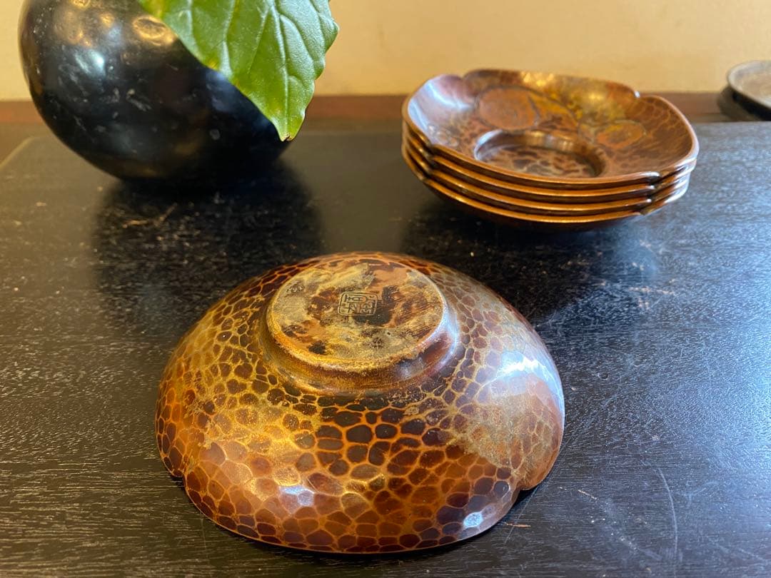 【1客180g 極厚3mm】時代物・鎚起銅器・茶托 5客・重厚 吉祥 蝙蝠 銘有