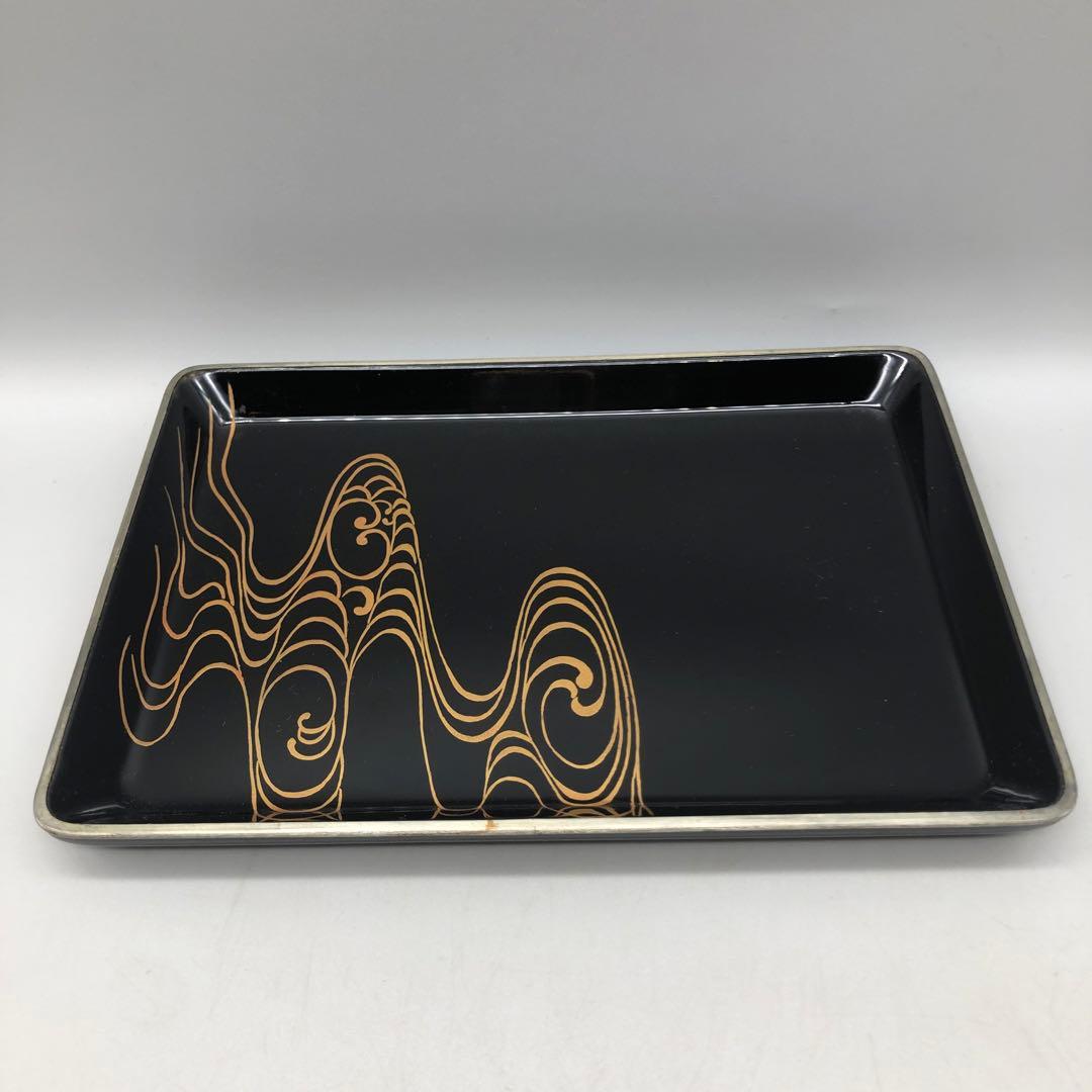 箱入り流水文様金蒔絵黒漆塗りお盆お膳茶道具21x15cm伝統工芸品2個セット