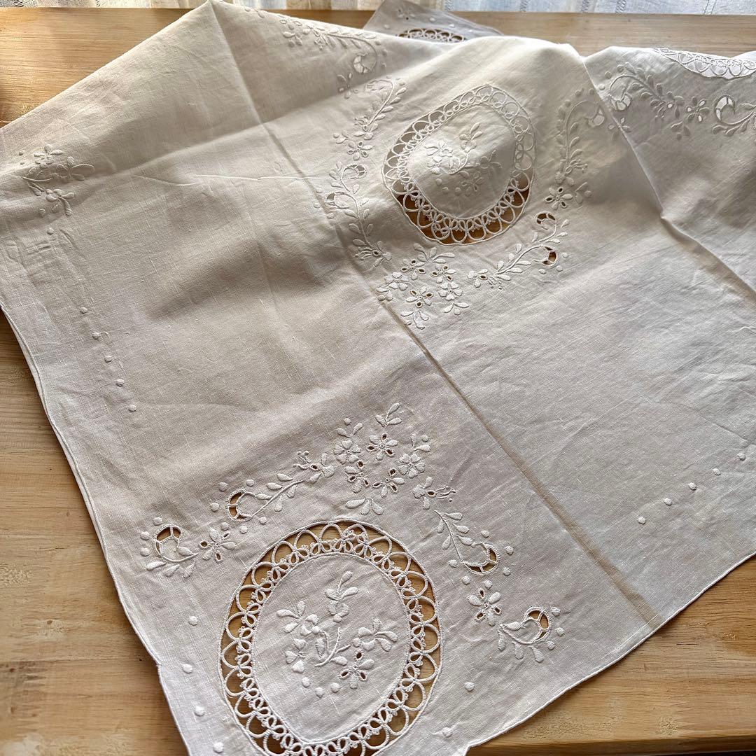 ヴィンテージ 白系刺繍 レース テーブルクロスリネン 正方形 104cm