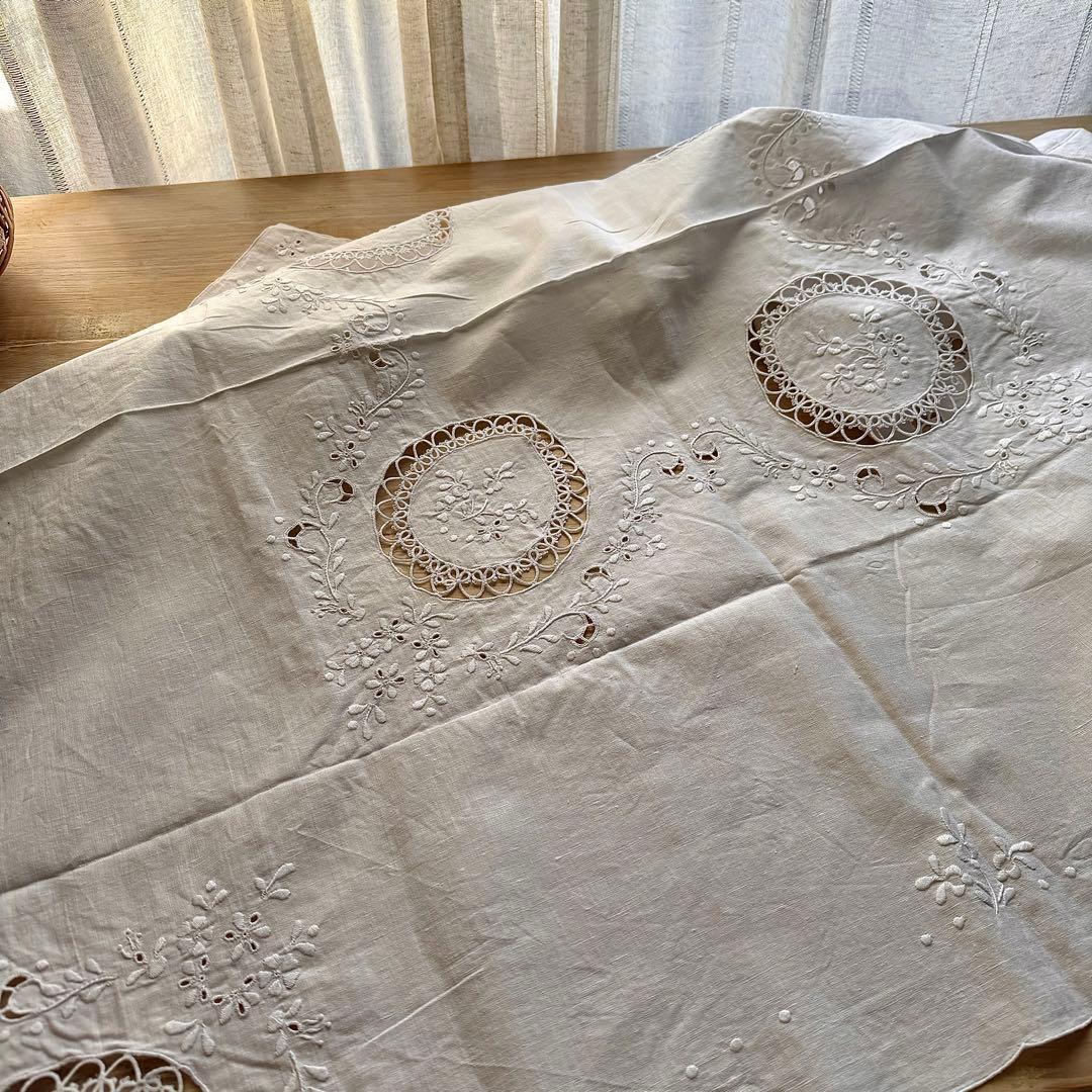 ヴィンテージ 白系刺繍 レース テーブルクロスリネン 正方形 104cm