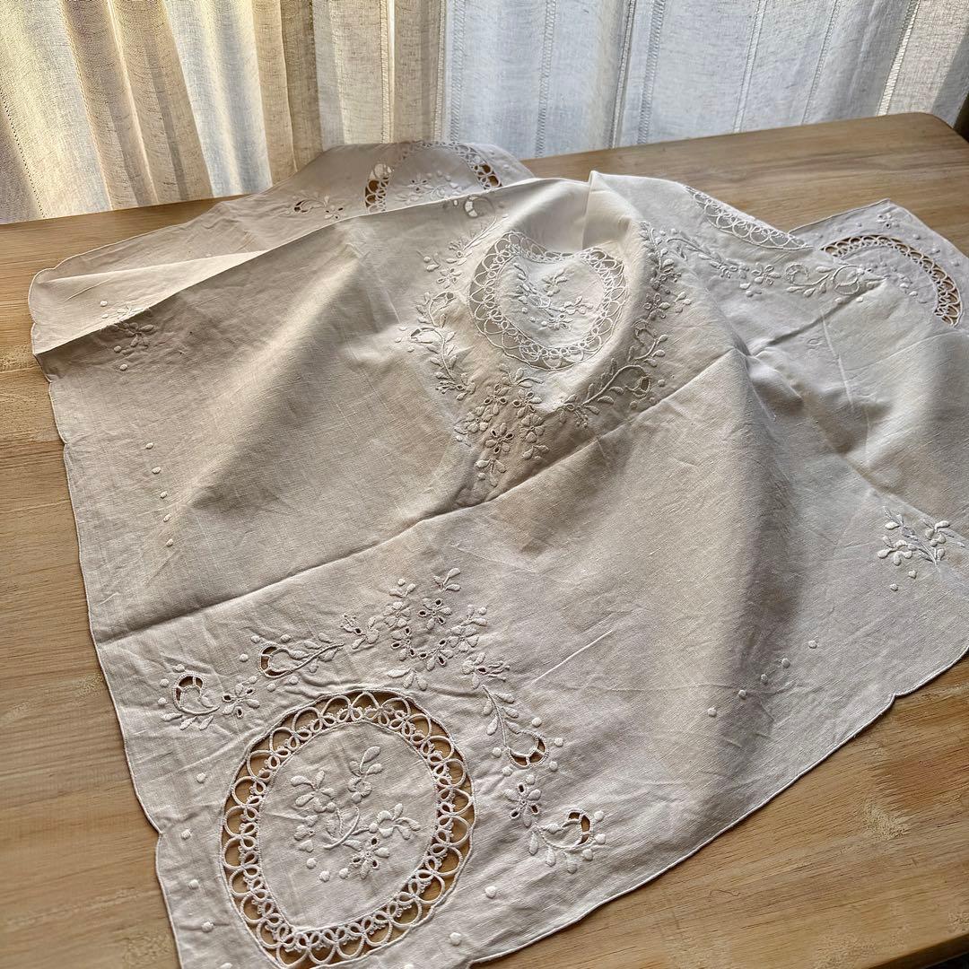 ヴィンテージ 白系刺繍 レース テーブルクロスリネン 正方形 104cm