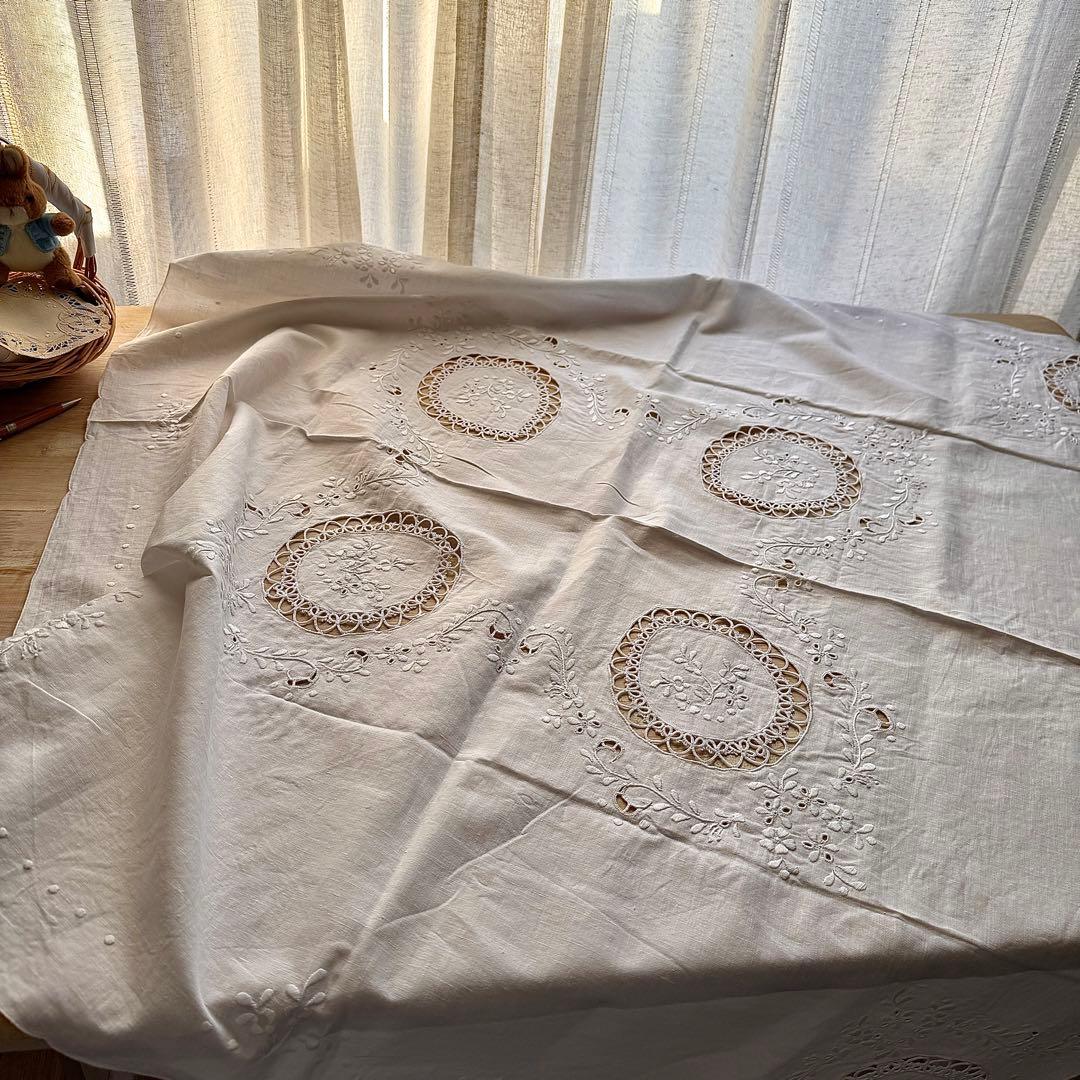 ヴィンテージ 白系刺繍 レース テーブルクロスリネン 正方形 104cm