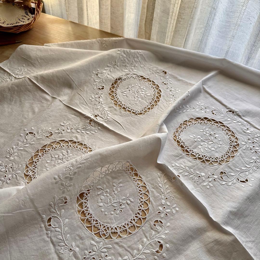 ヴィンテージ 白系刺繍 レース テーブルクロスリネン 正方形 104cm