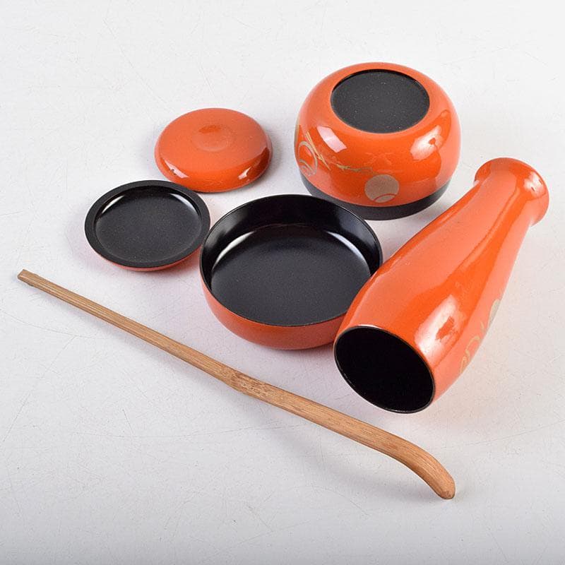 茶道具　扇子蒔絵　利休茶箱　三島刷毛目茶碗　棗など　八点一式　M　R9594