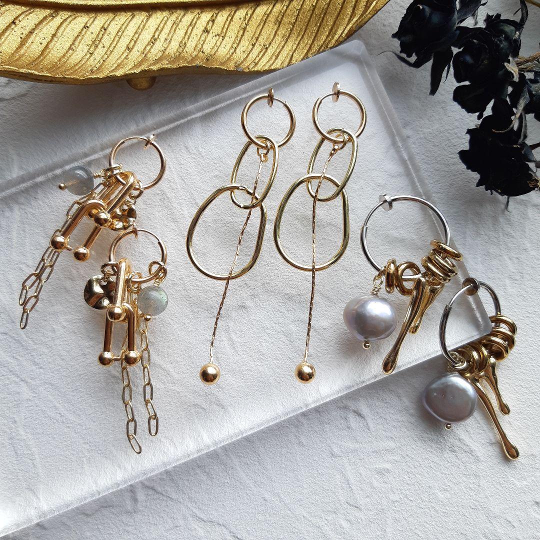 着せ替え ゴールド&シルバー 淡水パール の フープイヤリング ハンドメイド