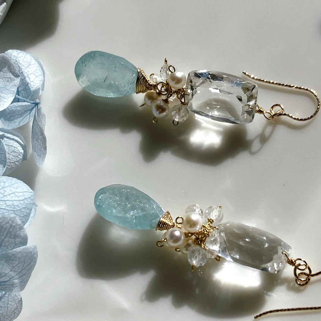 じばにゃん◆宝石質水晶×シンデレラアクアマリン×淡水パールピアス