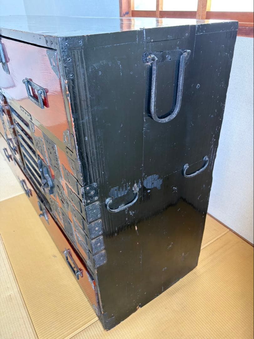 鍵付時代箪笥　和箪笥　閂　棒箪笥　隠し箱　飾り金具　アンティーク